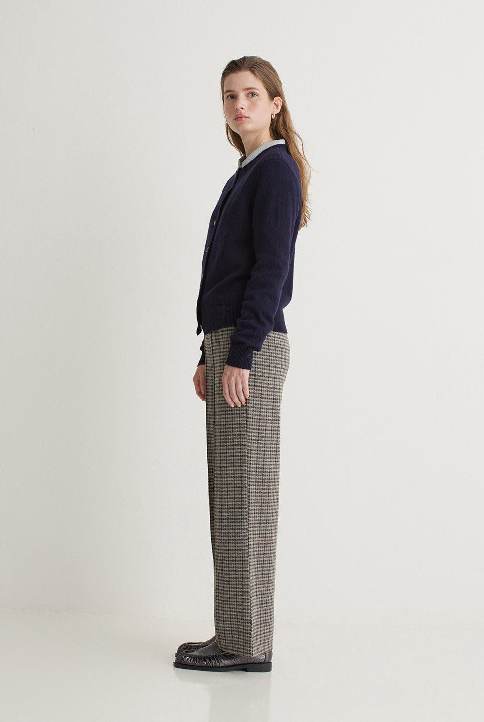 Yerse Jacquard Check Wide Leg Trousers - Grey