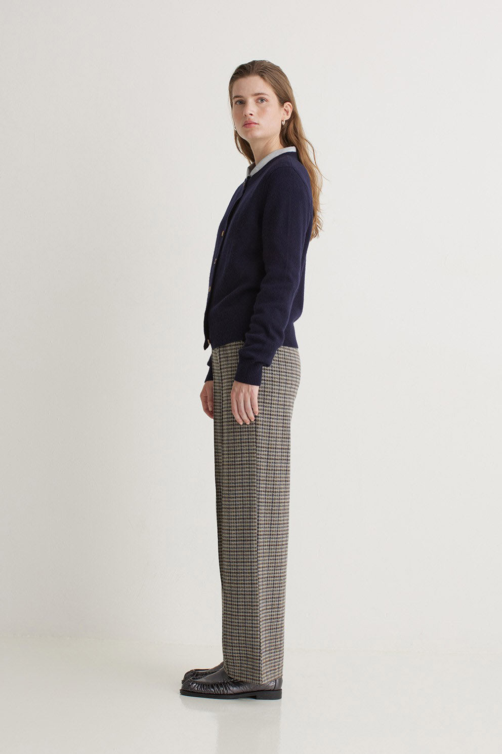 Yerse Jacquard Check Wide Leg Trousers - Grey