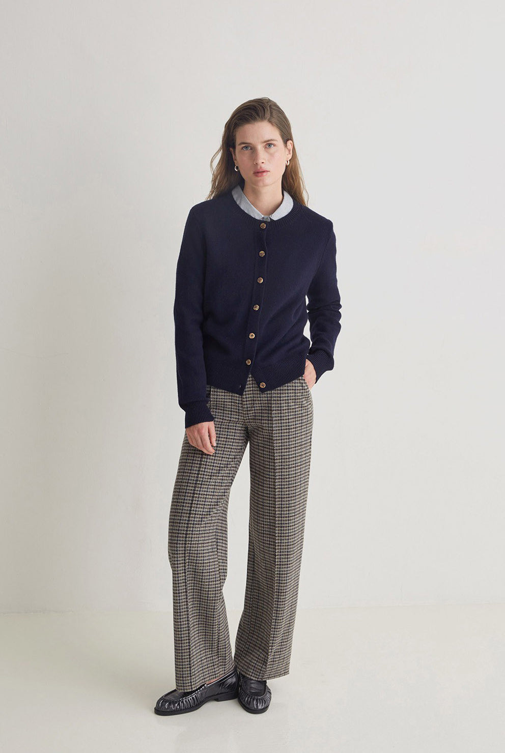 Yerse Jacquard Check Wide Leg Trousers - Grey