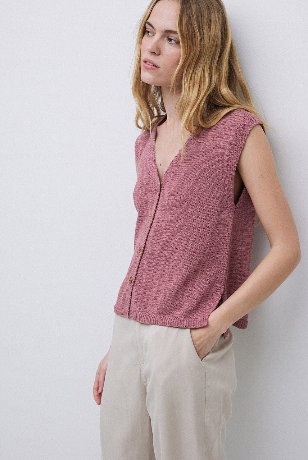 Yerse Lima Cotton/Linen Waistcoat - Rosa Viejo
