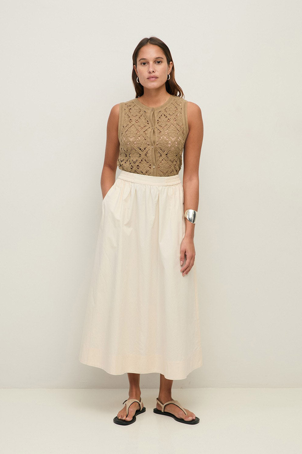 Yerse Midi Poplin Skirt - Ecru