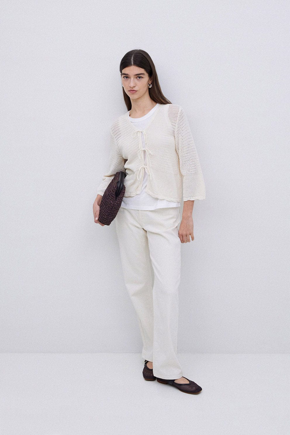 Yerse Net Cotton Openwork Tie Detail Cardigan - Natural