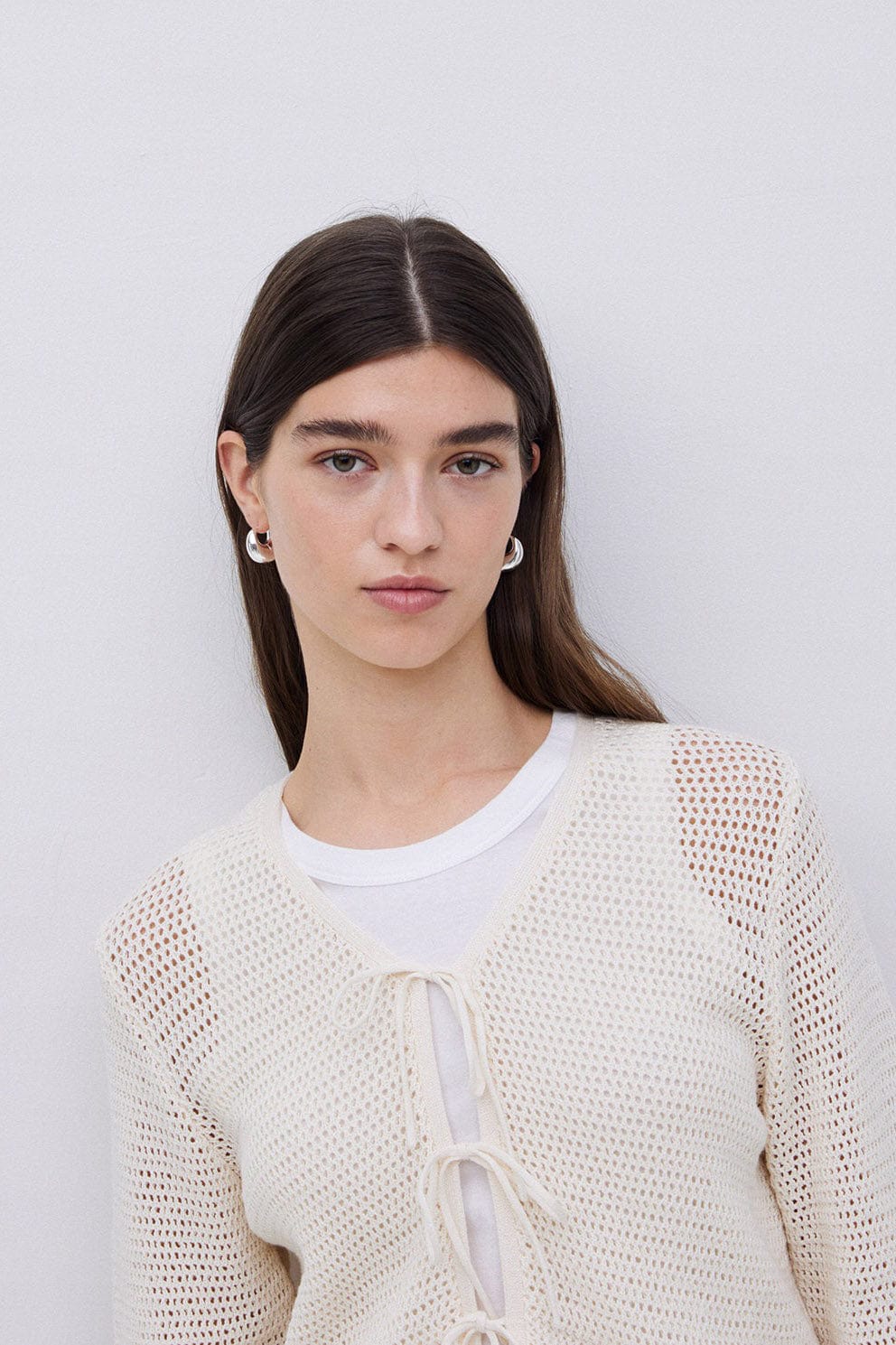 Yerse Net Cotton Openwork Tie Detail Cardigan - Natural