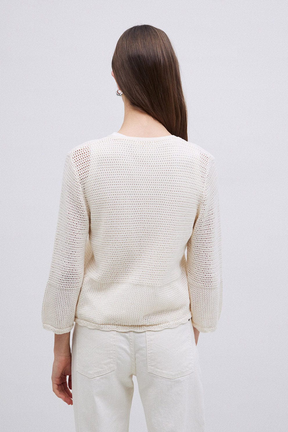 Yerse Net Cotton Openwork Tie Detail Cardigan - Natural