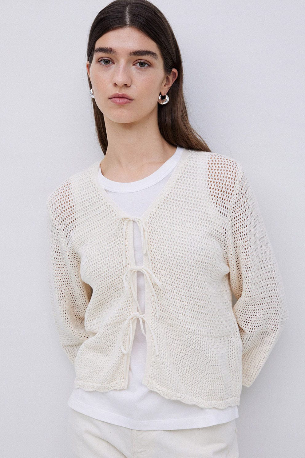 Yerse Net Cotton Openwork Tie Detail Cardigan - Natural