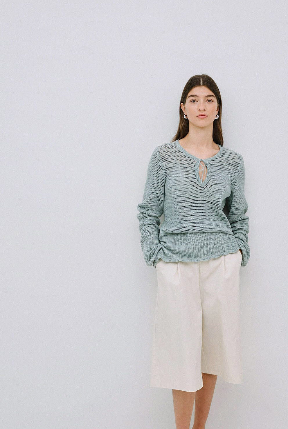 Yerse Net Cotton Openwork Tie Detail Knit - Verde Claro