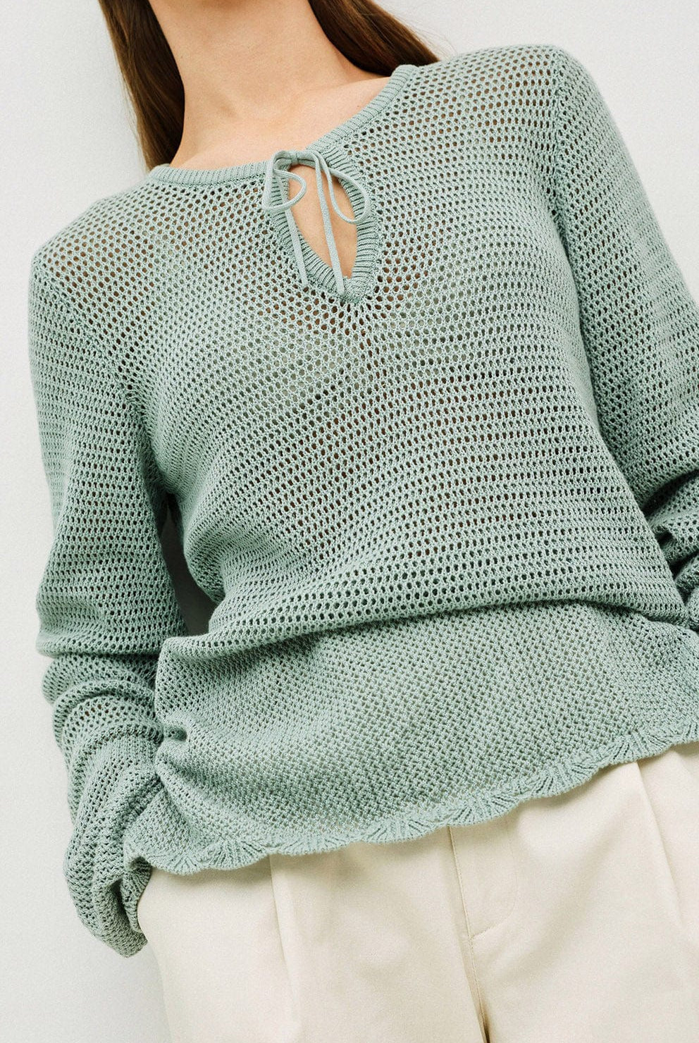 Yerse Net Cotton Openwork Tie Detail Knit - Verde Claro