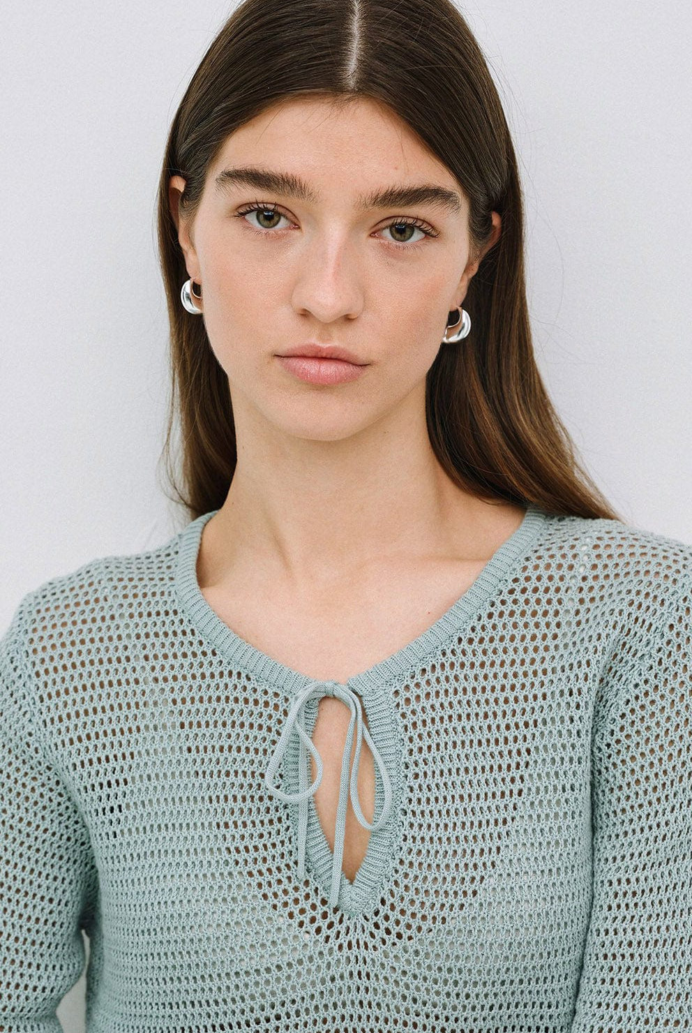 Yerse Net Cotton Openwork Tie Detail Knit - Verde Claro