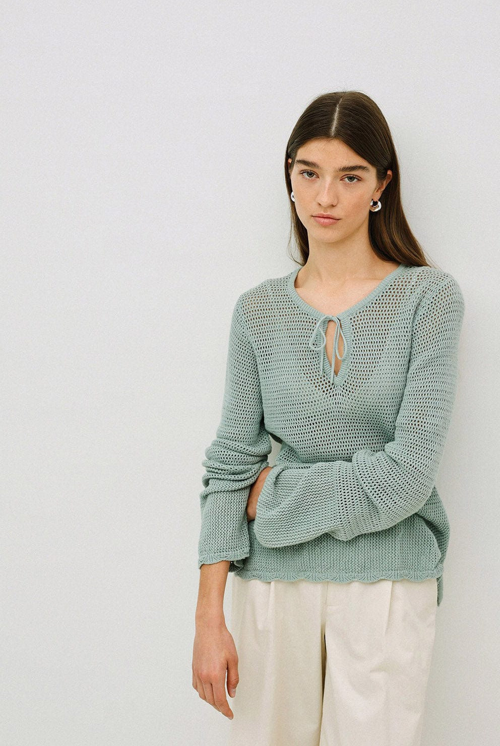 Yerse Net Cotton Openwork Tie Detail Knit - Verde Claro