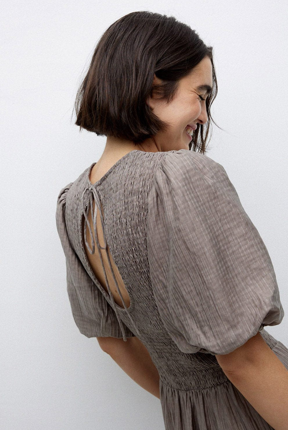 Yerse Procida Shirred Detail Midi Dress - Kaki