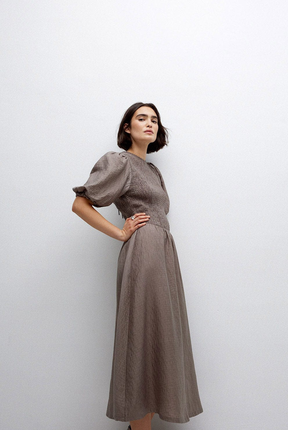 Yerse Procida Shirred Detail Midi Dress - Kaki