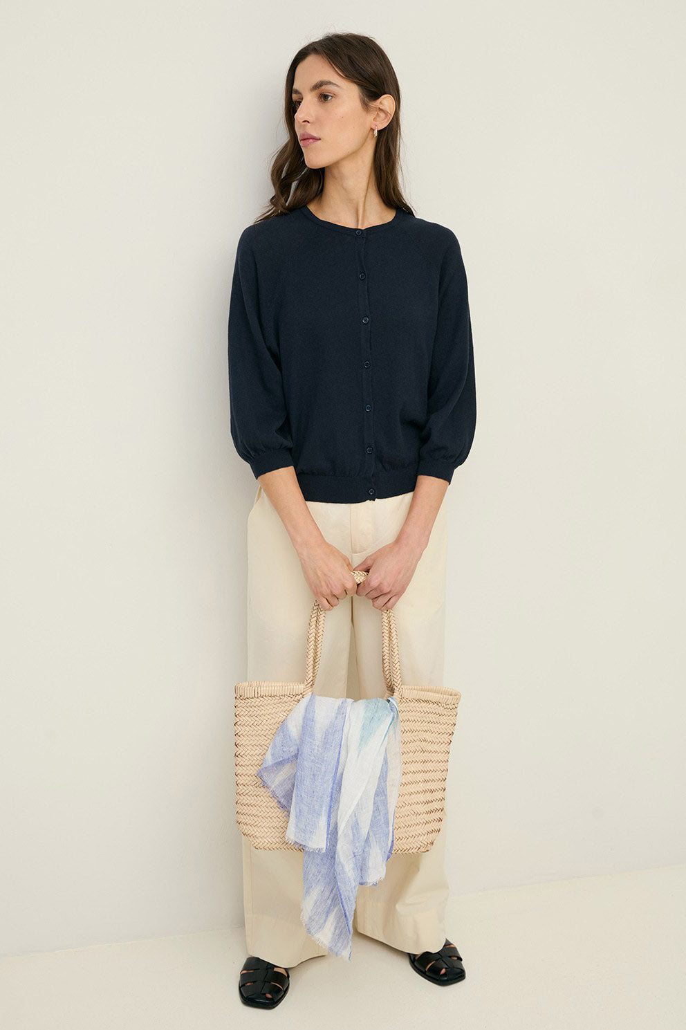 Yerse Round Neck Cardigan - Navy