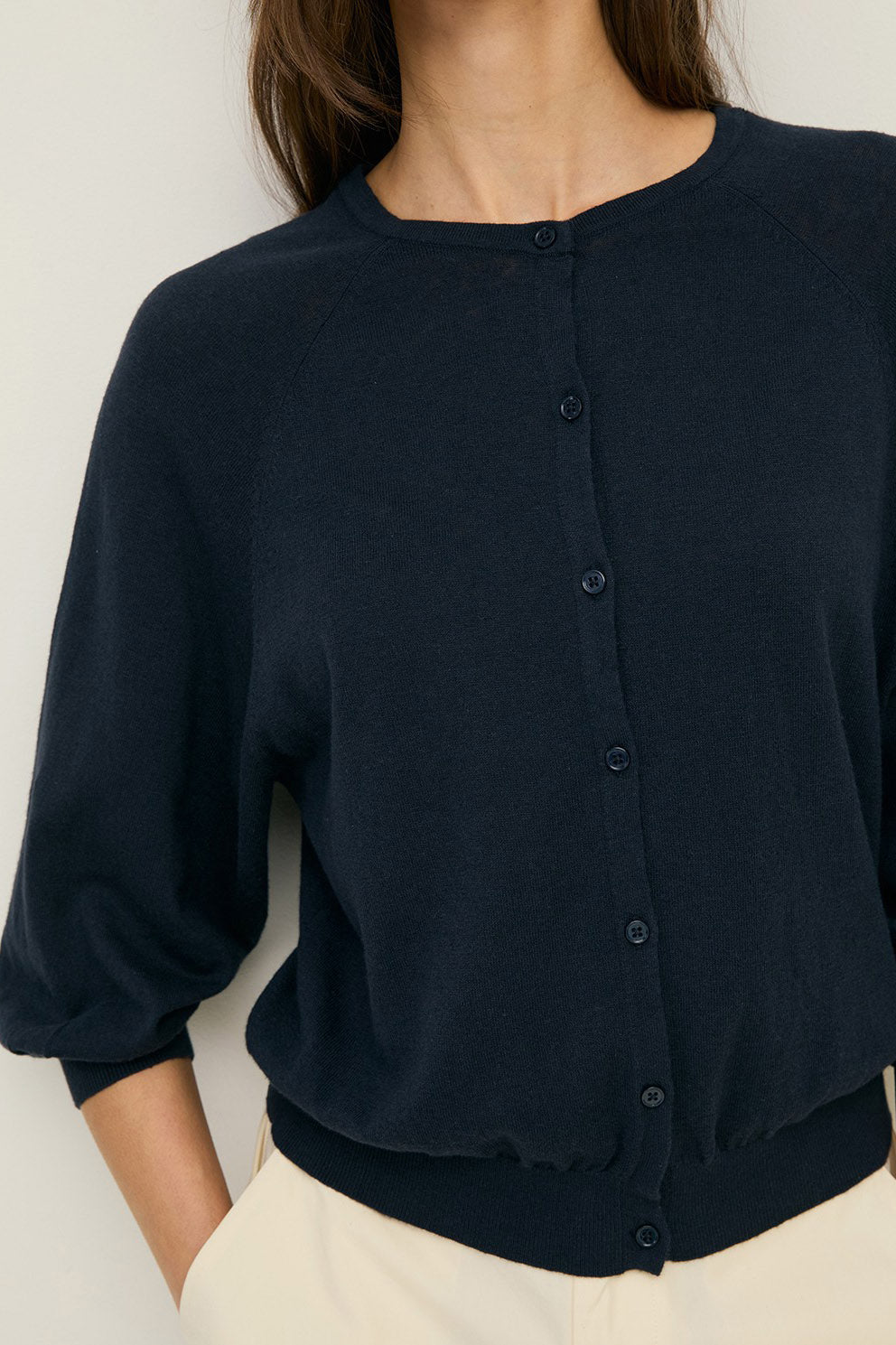Yerse Round Neck Cardigan - Navy