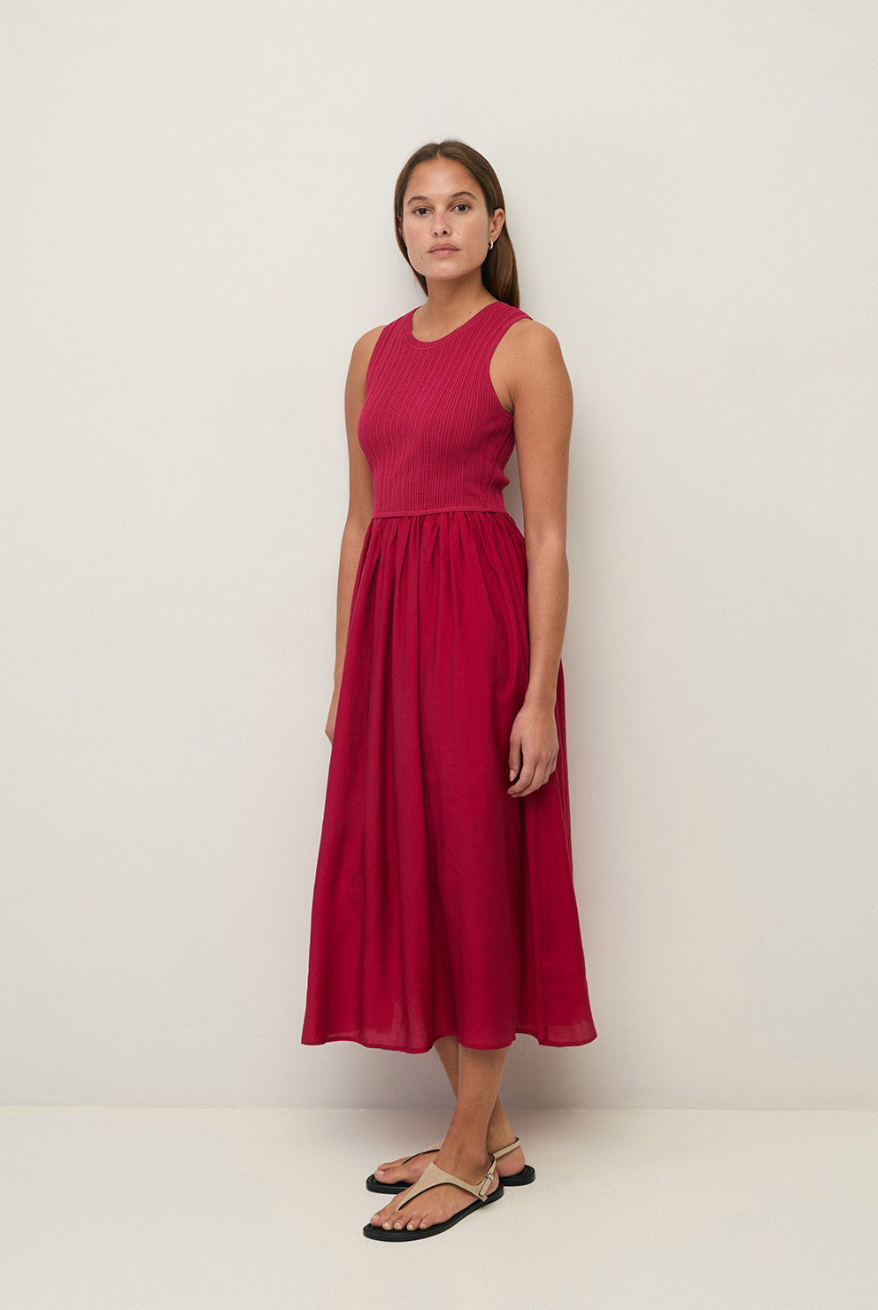 Yerse Shirred Detail Midi Dress - Raspberry