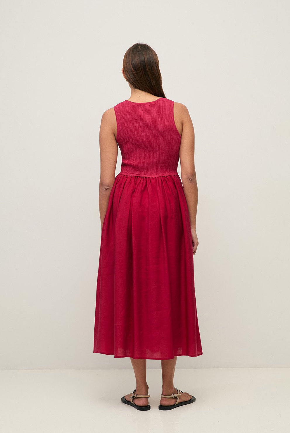 Yerse Shirred Detail Midi Dress - Raspberry