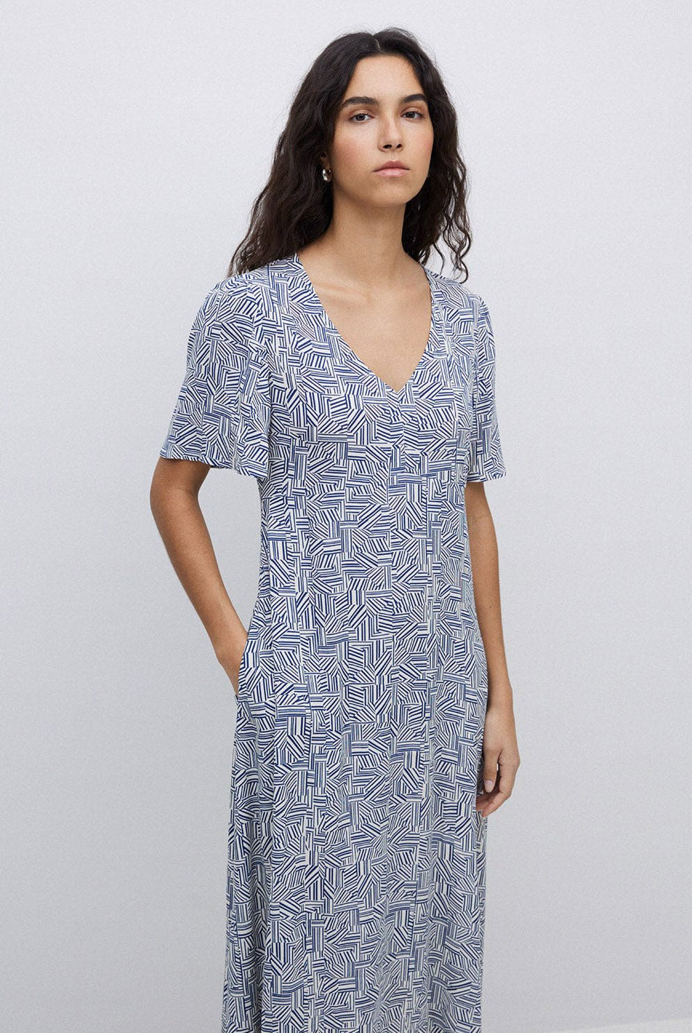Yerse Stella Ecovero Viscose Geometric Print Midi Dress - Geometric