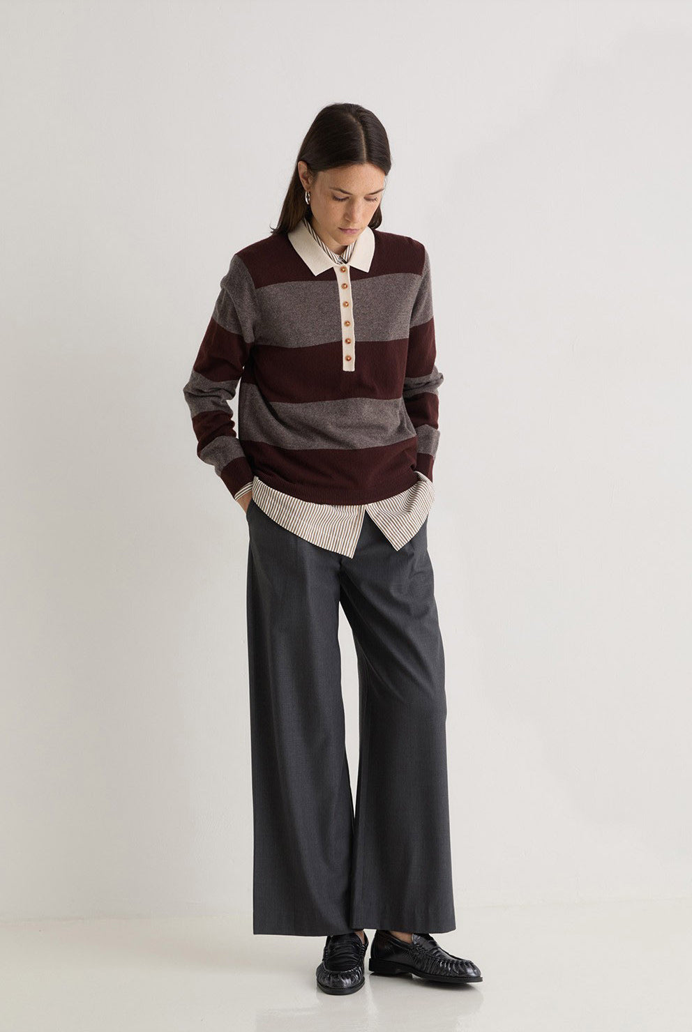 Yerse Stripe Collared Wool Blend Jumper - Maroon/Mole