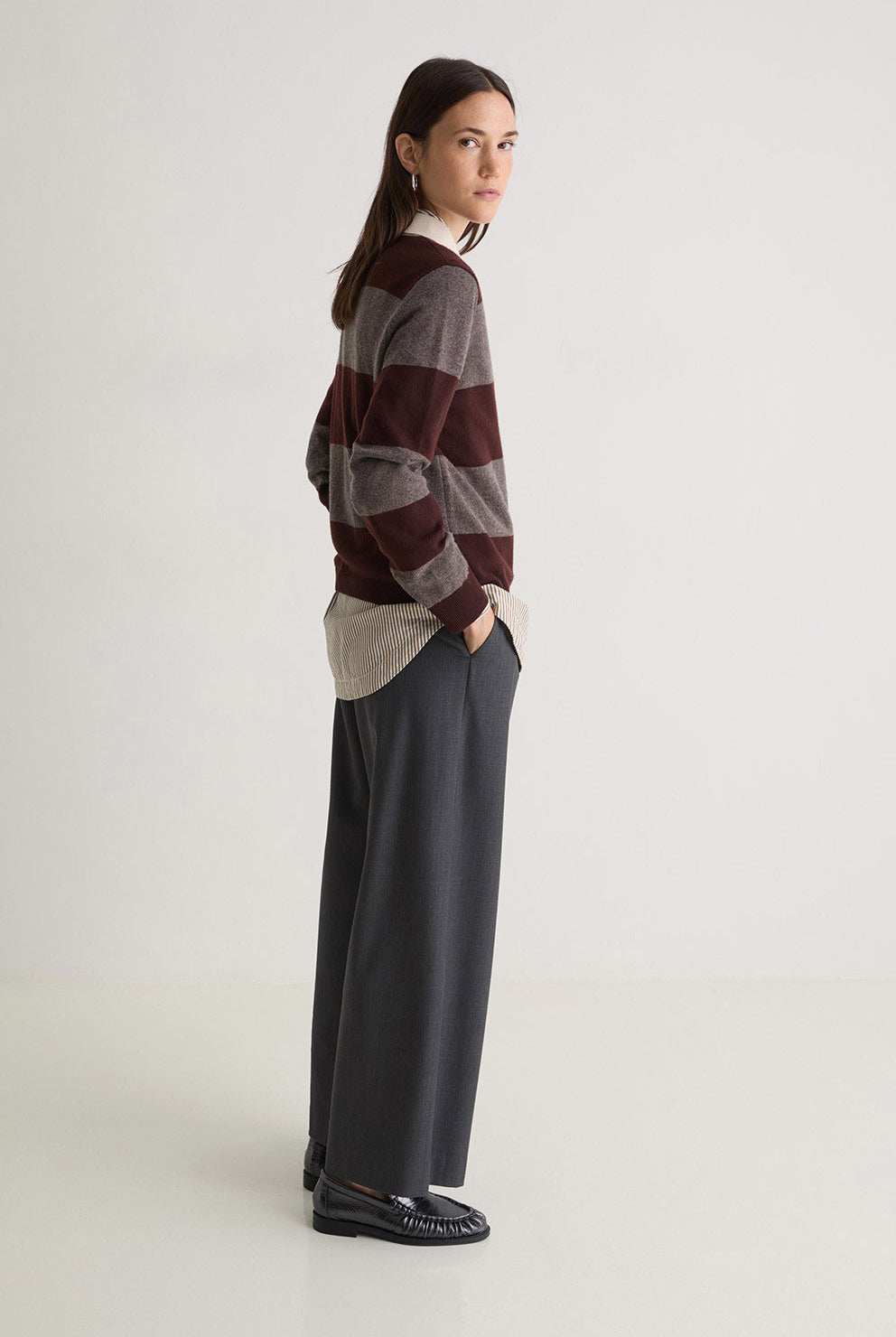 Yerse Stripe Collared Wool Blend Jumper - Maroon/Mole