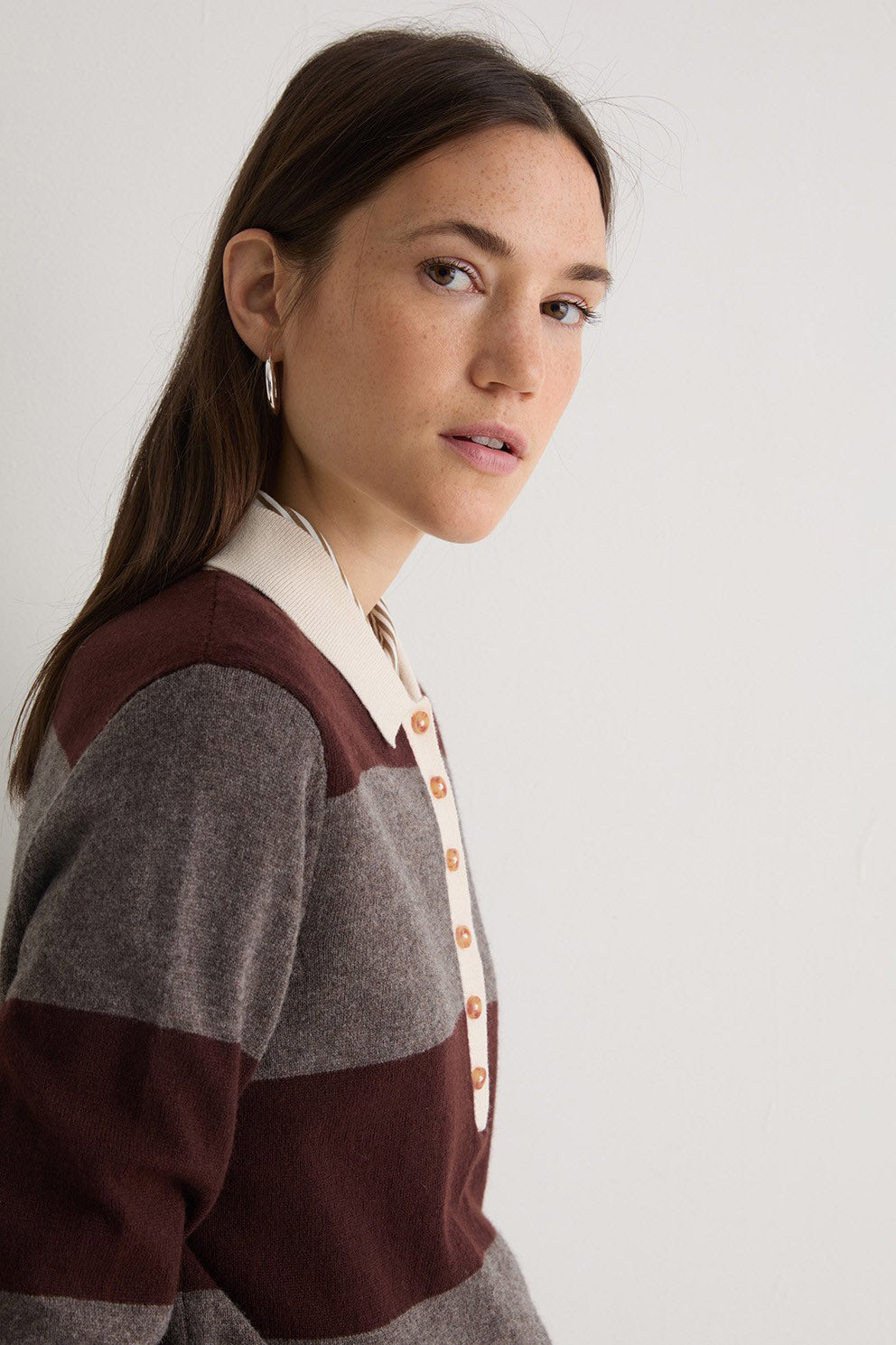 Yerse Stripe Collared Wool Blend Jumper - Maroon/Mole