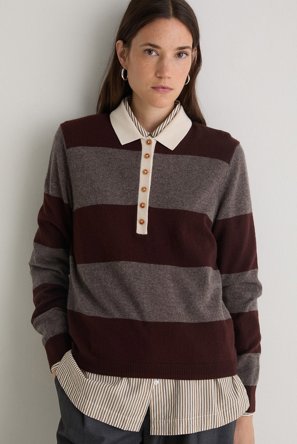 Yerse Stripe Collared Wool Blend Jumper - Maroon/Mole