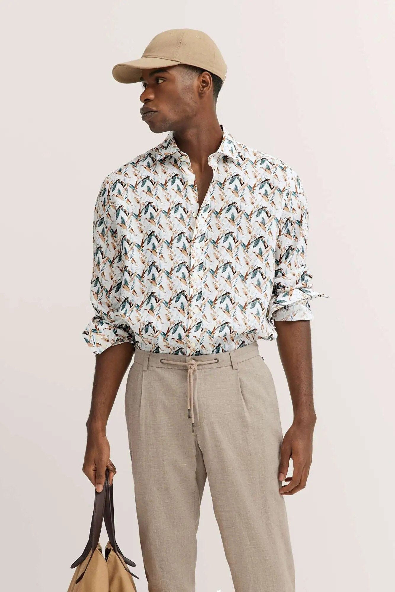 Bugatti Bird Print Pure Linen Shirt - Bottle Green