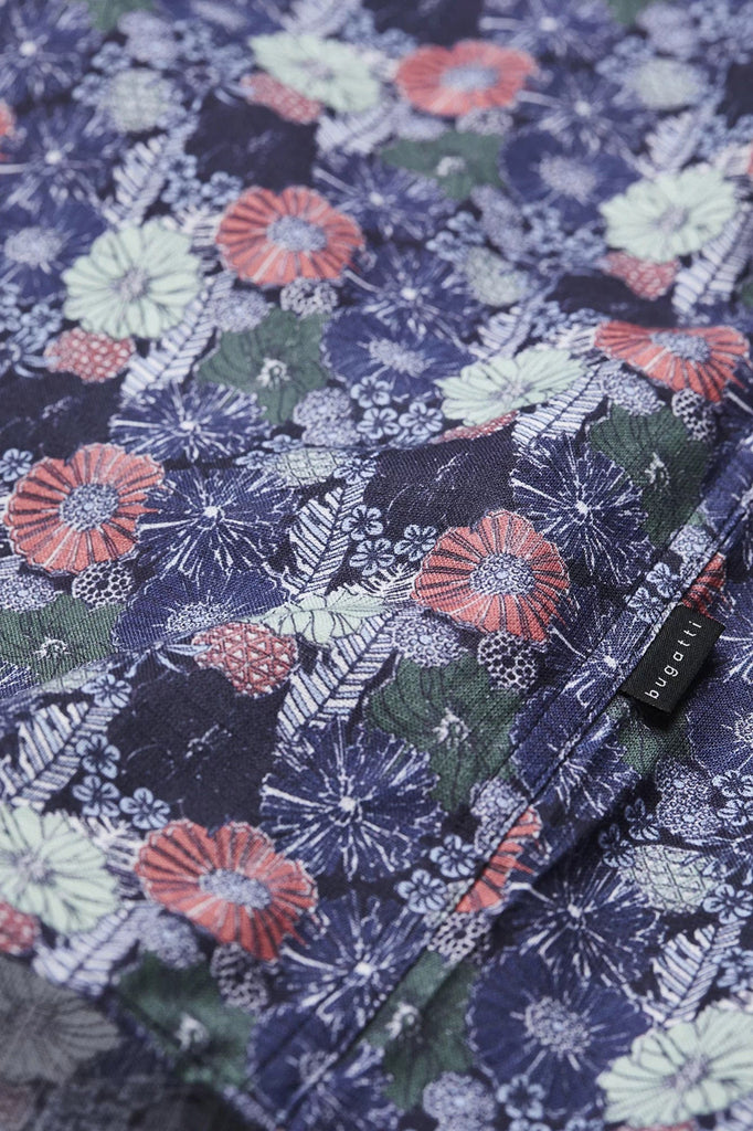 Bugatti Floral Print Short Sleeve Shirt - Navy/Mint