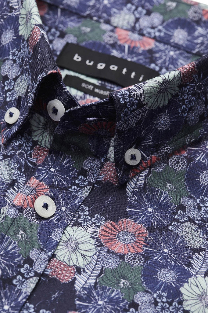 Bugatti Floral Print Short Sleeve Shirt - Navy/Mint