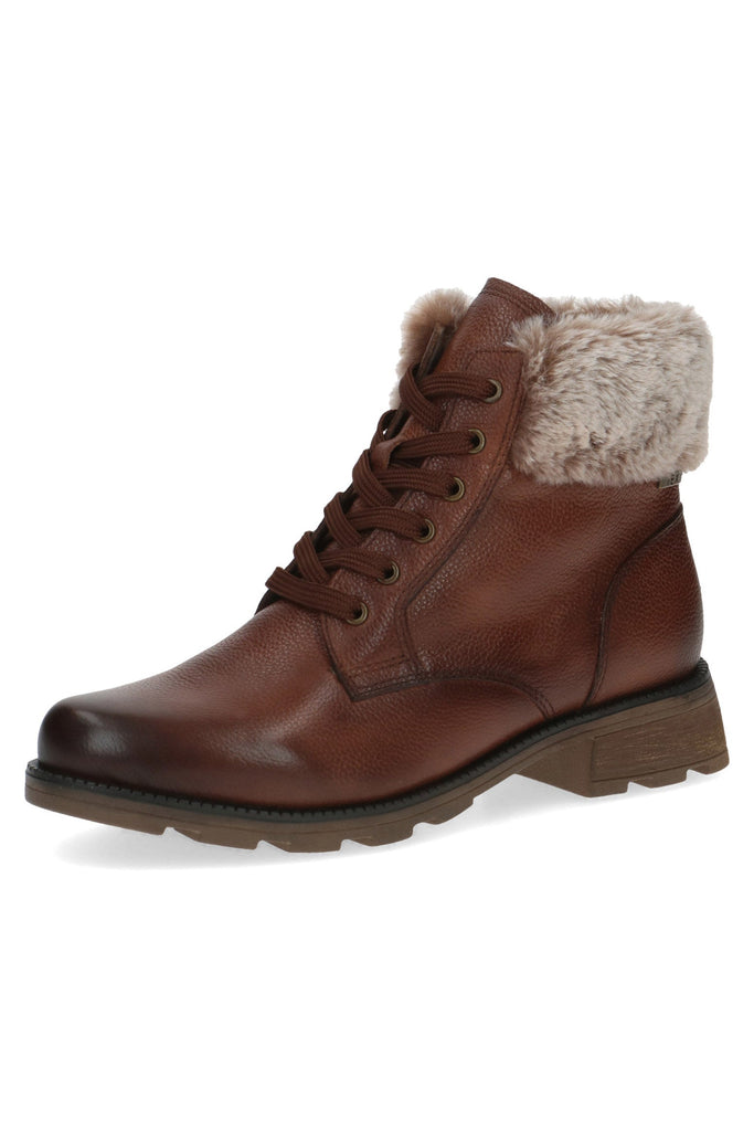 Caprice Faux Fur Cuff Leather Ankle Boots - Cognac Nappa