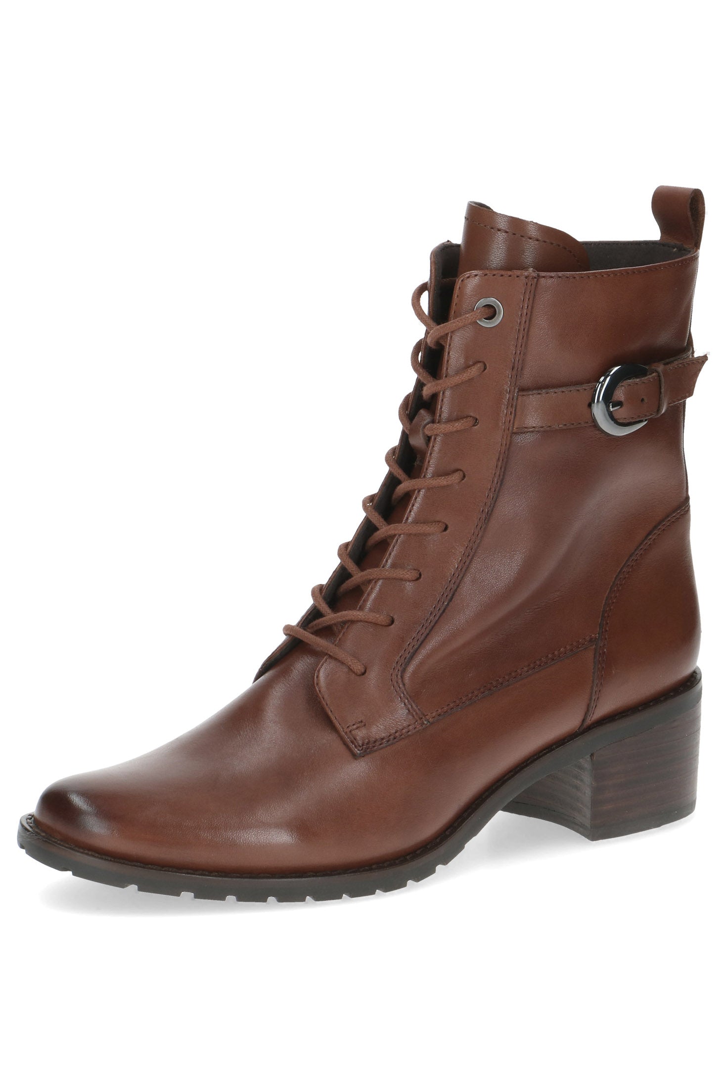Caprice Leather Lace Front Strap Detail Block Heel Boot - Cognac Nappa