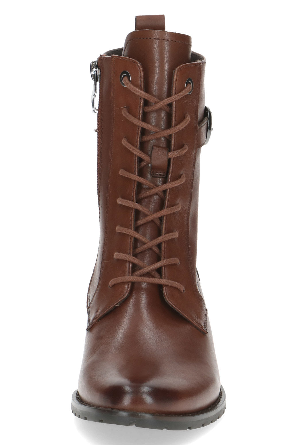 Caprice Leather Lace Front Strap Detail Block Heel Boot - Cognac Nappa