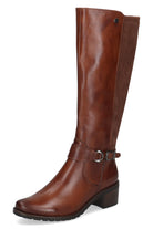 Caprice Stretch Back Buckle Detail Leather Knee High Boots - Cognac Comb