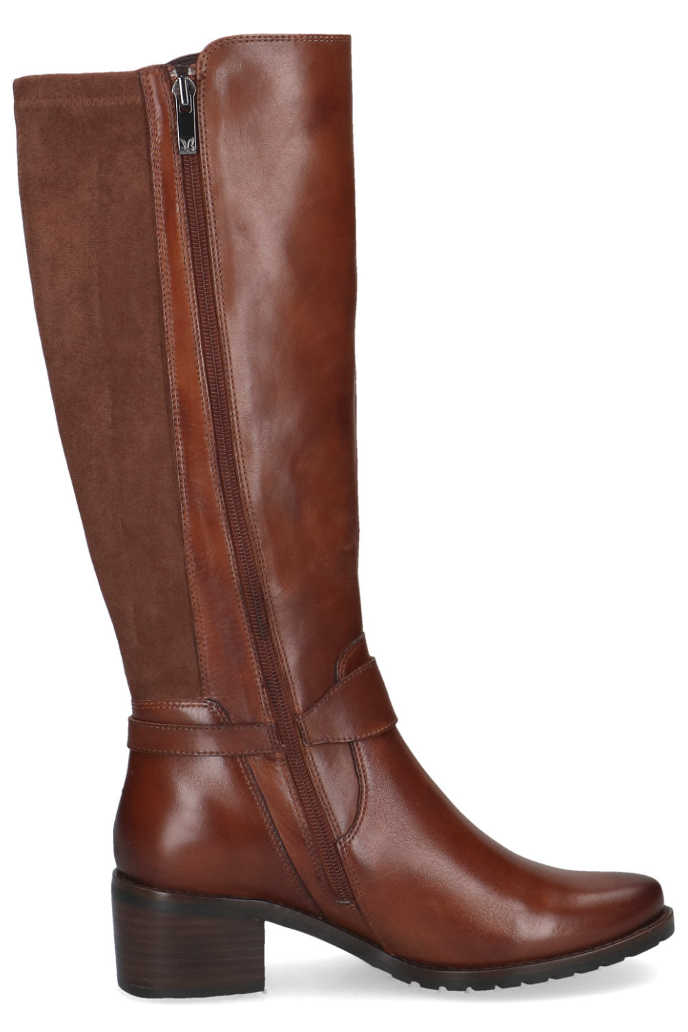 Caprice Stretch Back Buckle Detail Leather Knee High Boots - Cognac Comb
