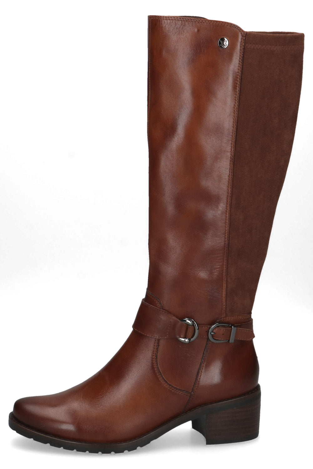 Caprice Stretch Back Buckle Detail Leather Knee High Boots - Cognac Comb