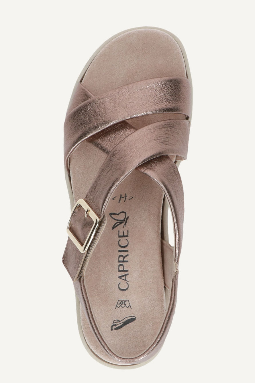Caprice Wide Fit Metallic Criss-cross Leather Sandals - Taupe Metallic