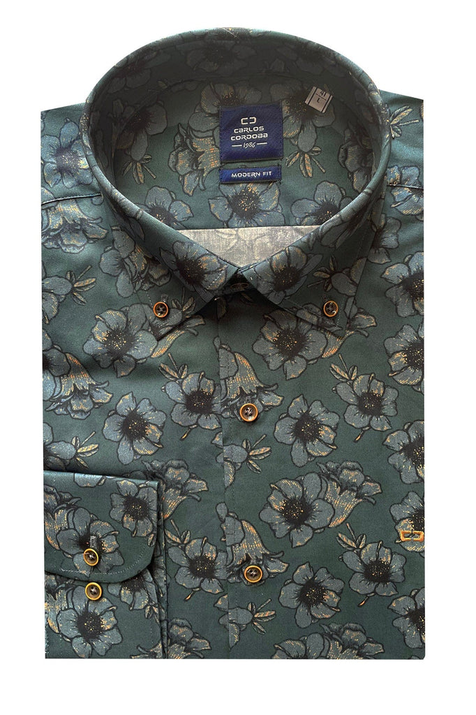 Carlos Cordoba Pure Cotton Floral Print Shirt - Dark Teal
