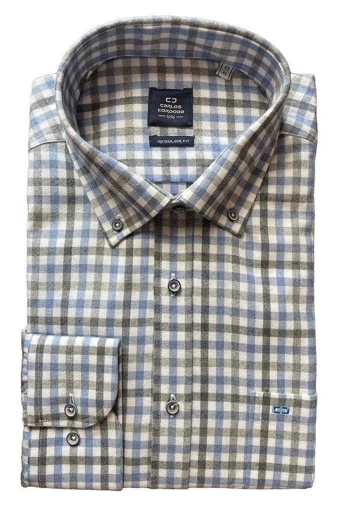 Carlos Cordoba Supersoft Brushed Cotton Check Shirt - Blue/Grey