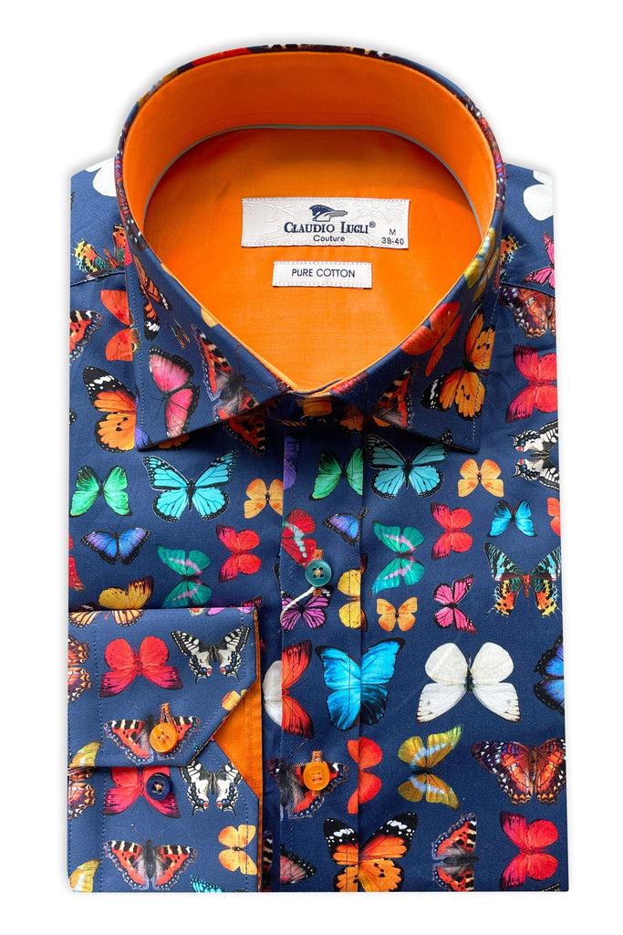 Claudio Lugli Satin Cotton Butterfly Print Shirt - Navy