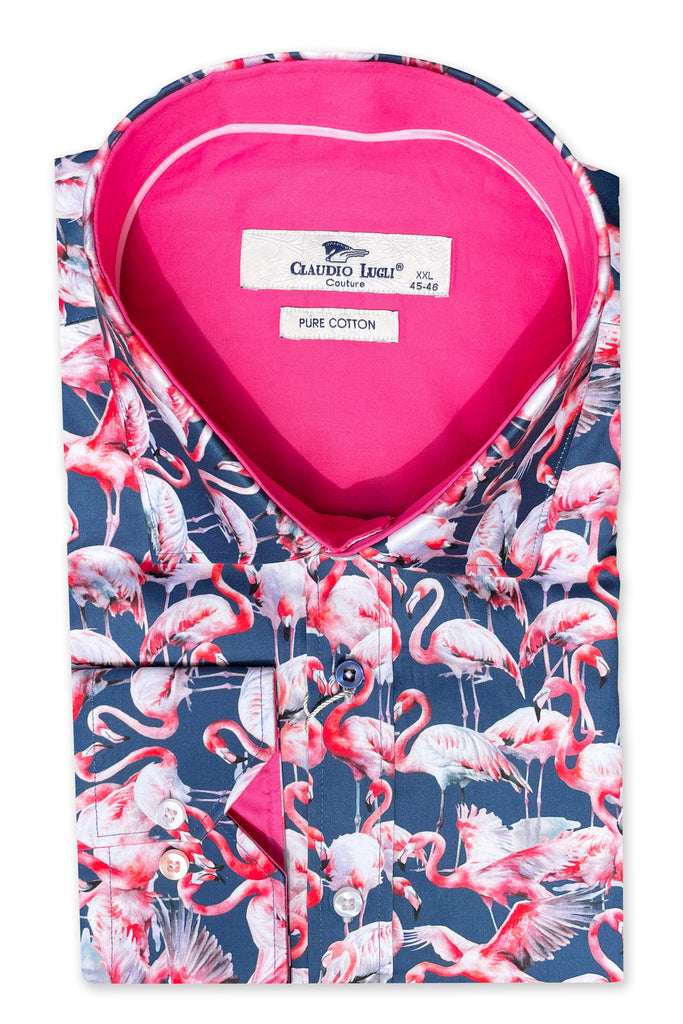 Claudio Lugli Satin Cotton Flamboyance of Flamingos Shirt - Navy