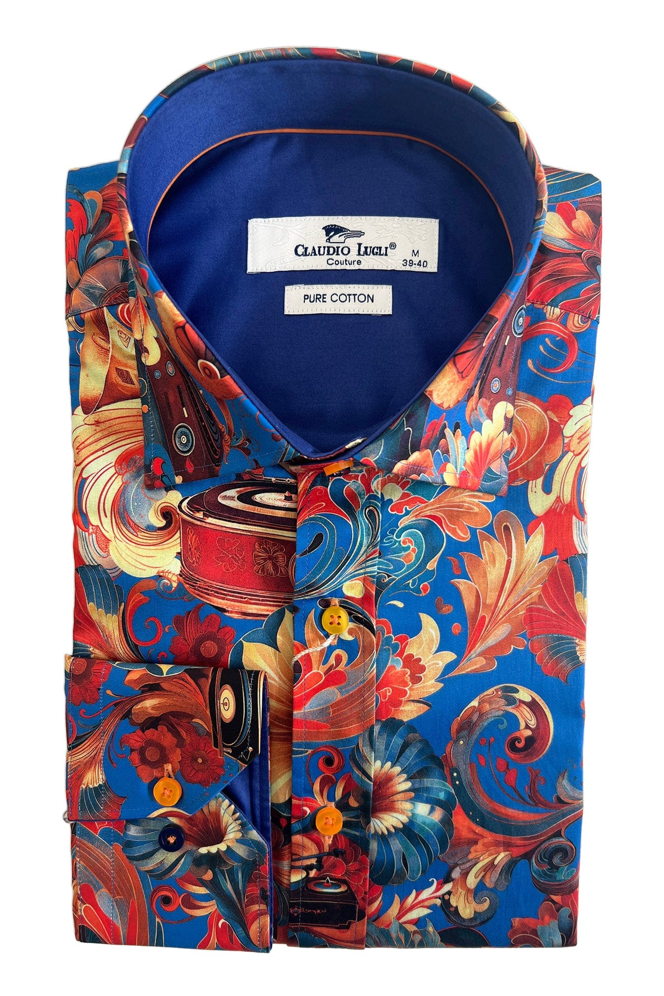 Claudio Lugli Satin Cotton Gramophone Print Shirt - Orange