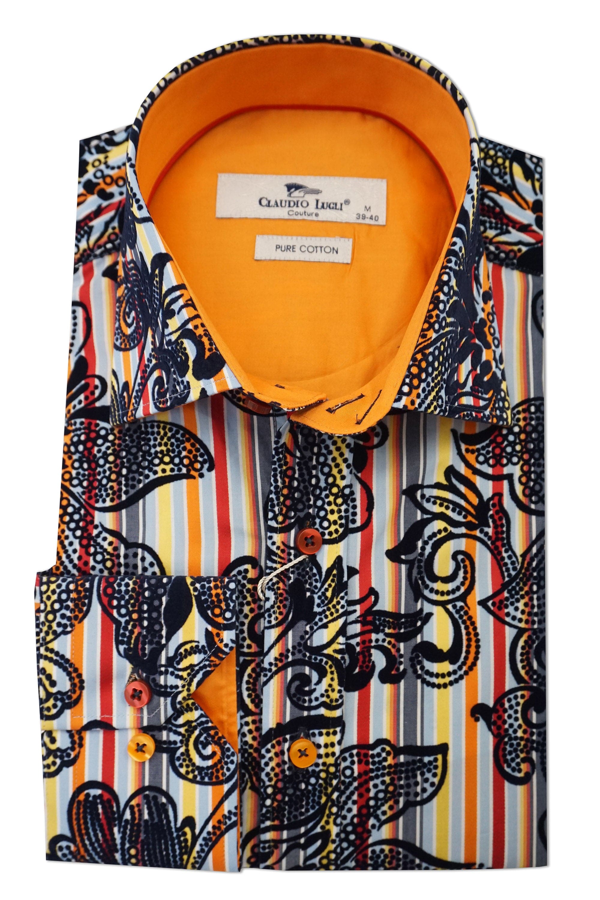 Claudio Lugli Satin Cotton Striped Flock Shirt - Orange