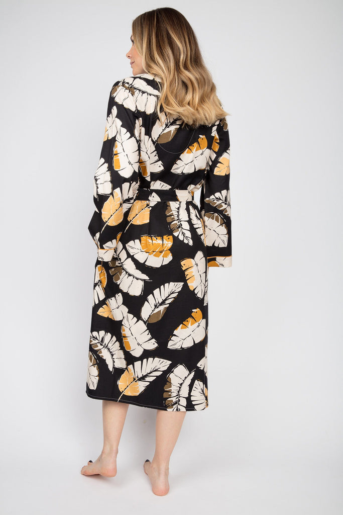 Cyberjammies Annie Leaf Print Lightweight Dressing Gown - Black/Mustard