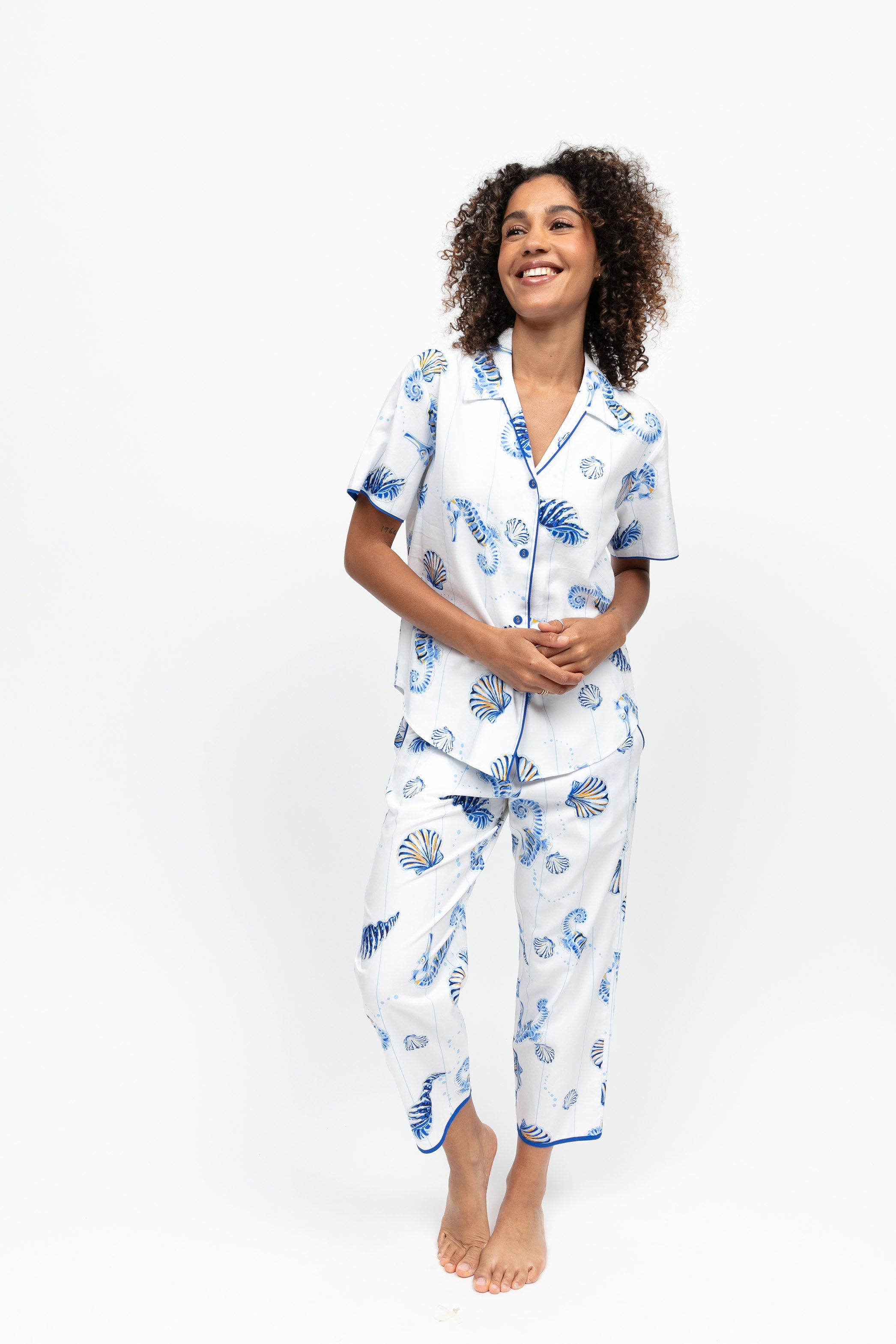 Cyberjammies Essie Sea Horse Stripe Cropped Pyjama Set - Dark Blue