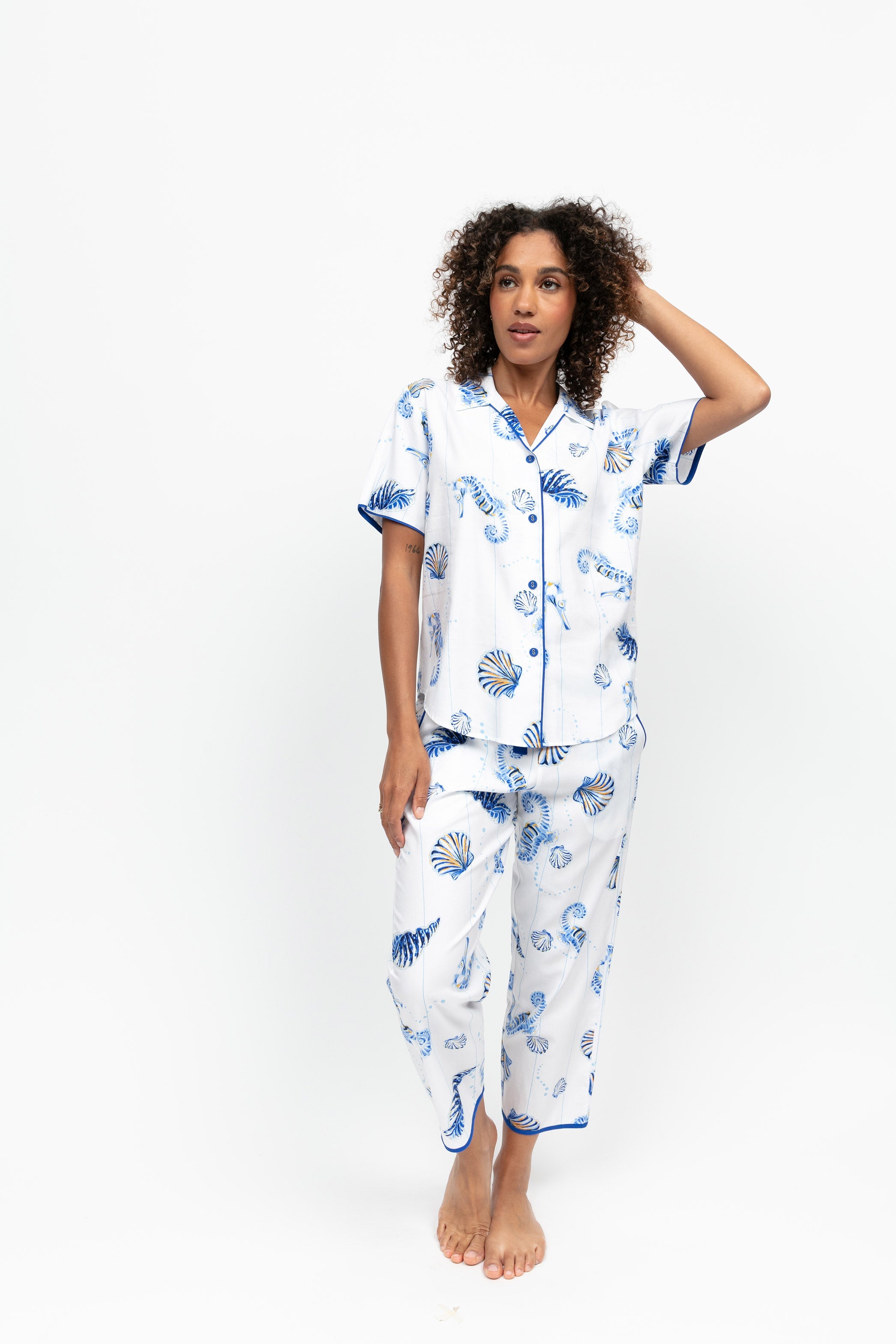 Cyberjammies Essie Sea Horse Stripe Cropped Pyjama Set - Dark Blue