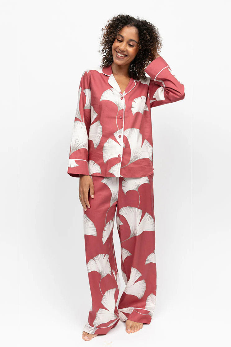Cyberjammies Josie Leaf Print Wide Leg Pyjama Set - Terracotta