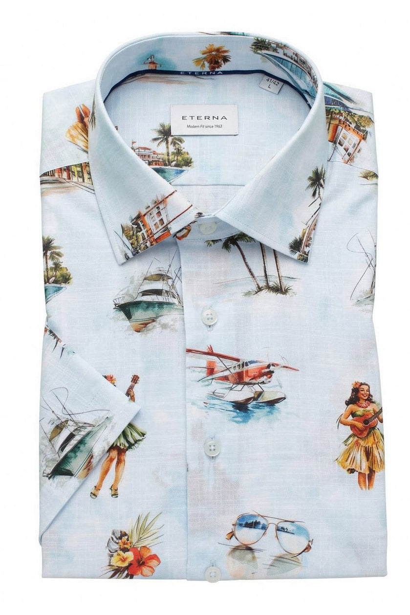 Eterna Modern Fit Cotton/Lyocell Print Shirt - Coastal Blue