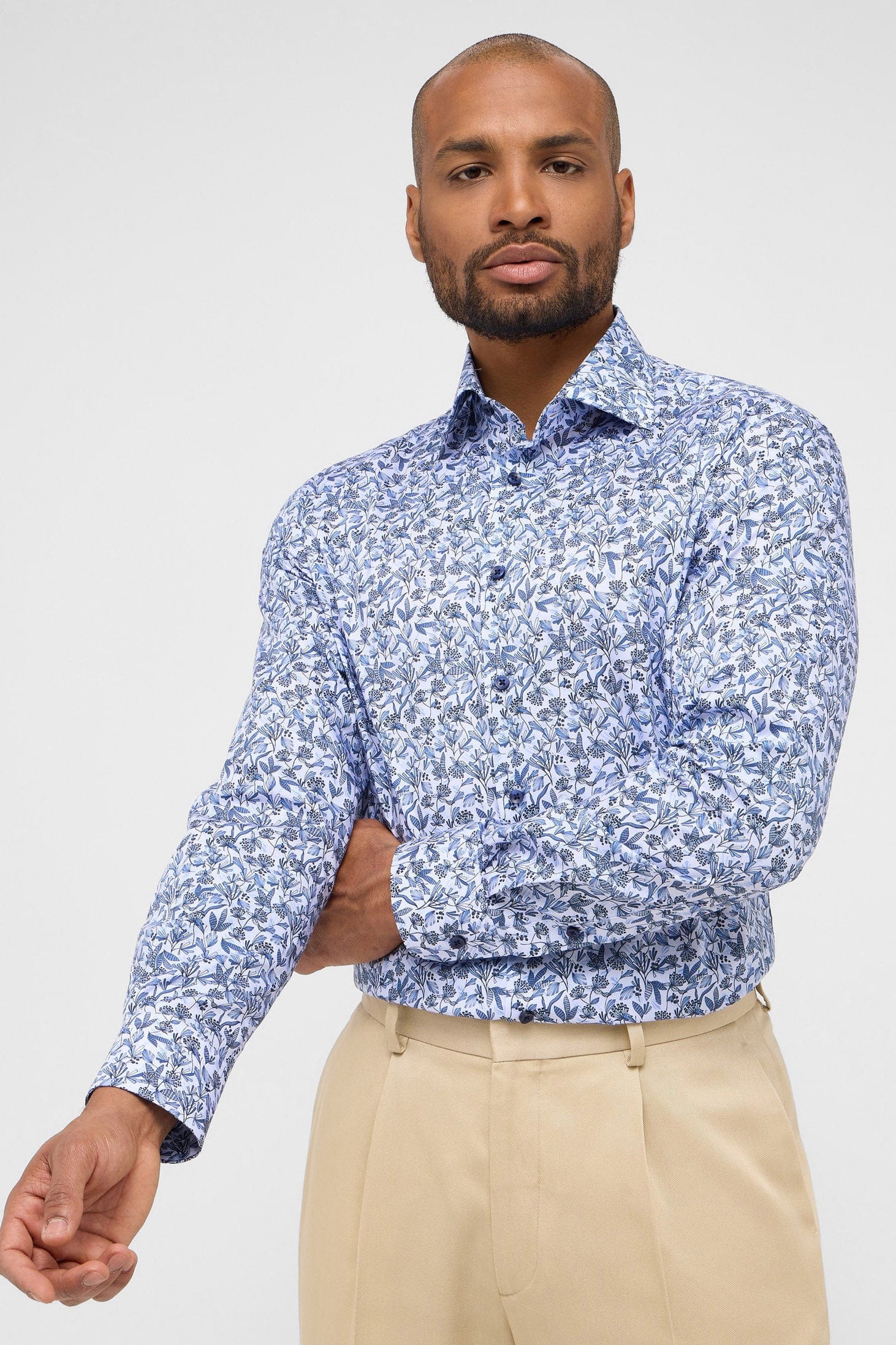 Eterna Modern Fit Floral Leaf Long Sleeve Shirt - Blue/White