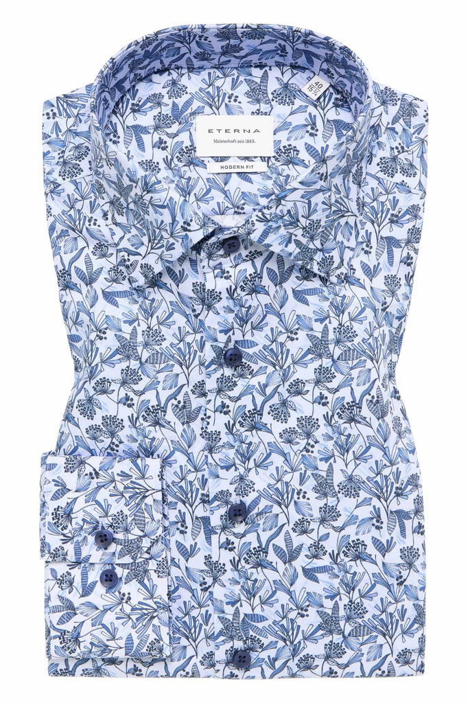 Eterna Modern Fit Floral Leaf Long Sleeve Shirt - Blue/White
