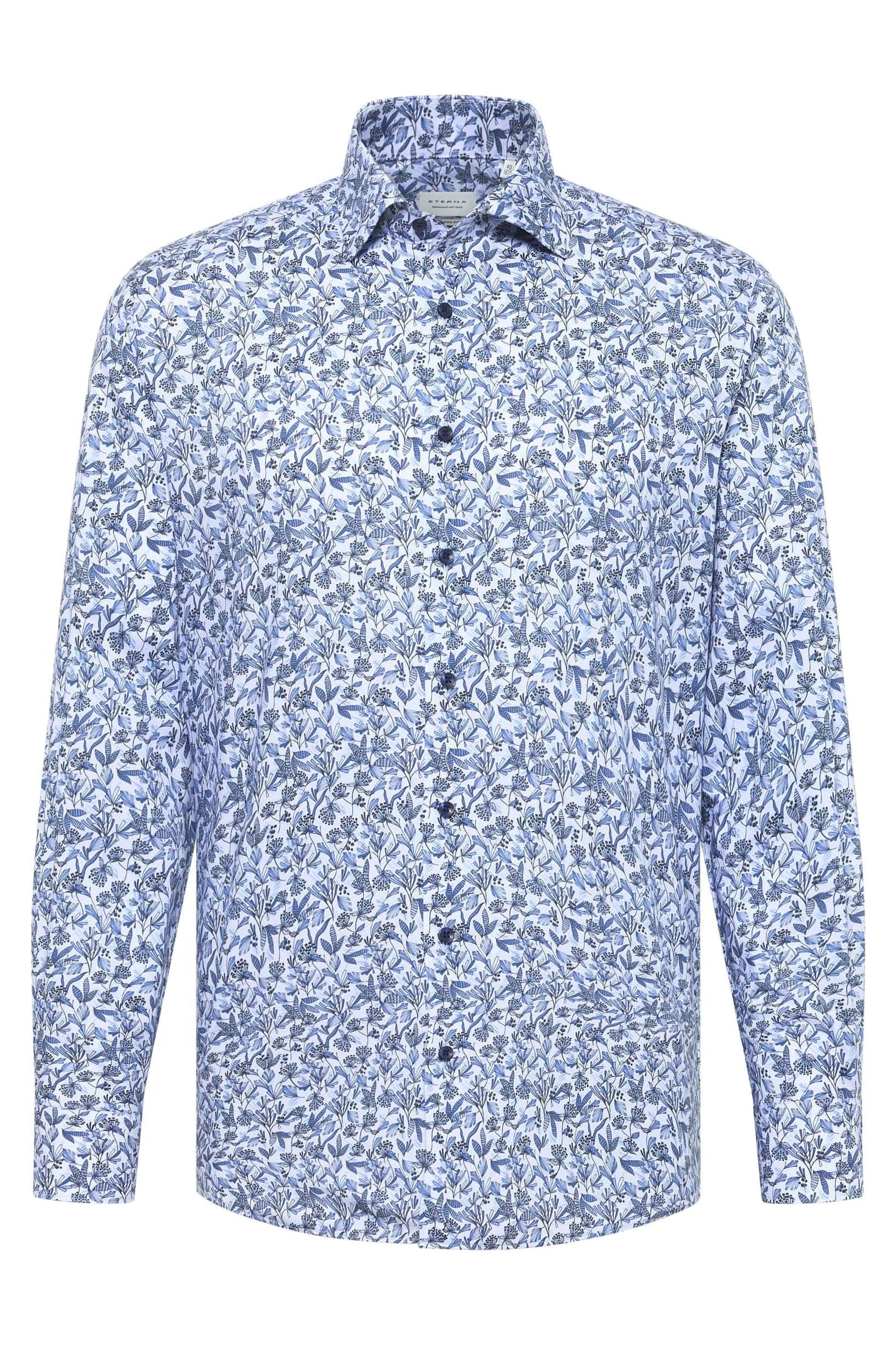 Eterna Modern Fit Floral Leaf Long Sleeve Shirt - Blue/White