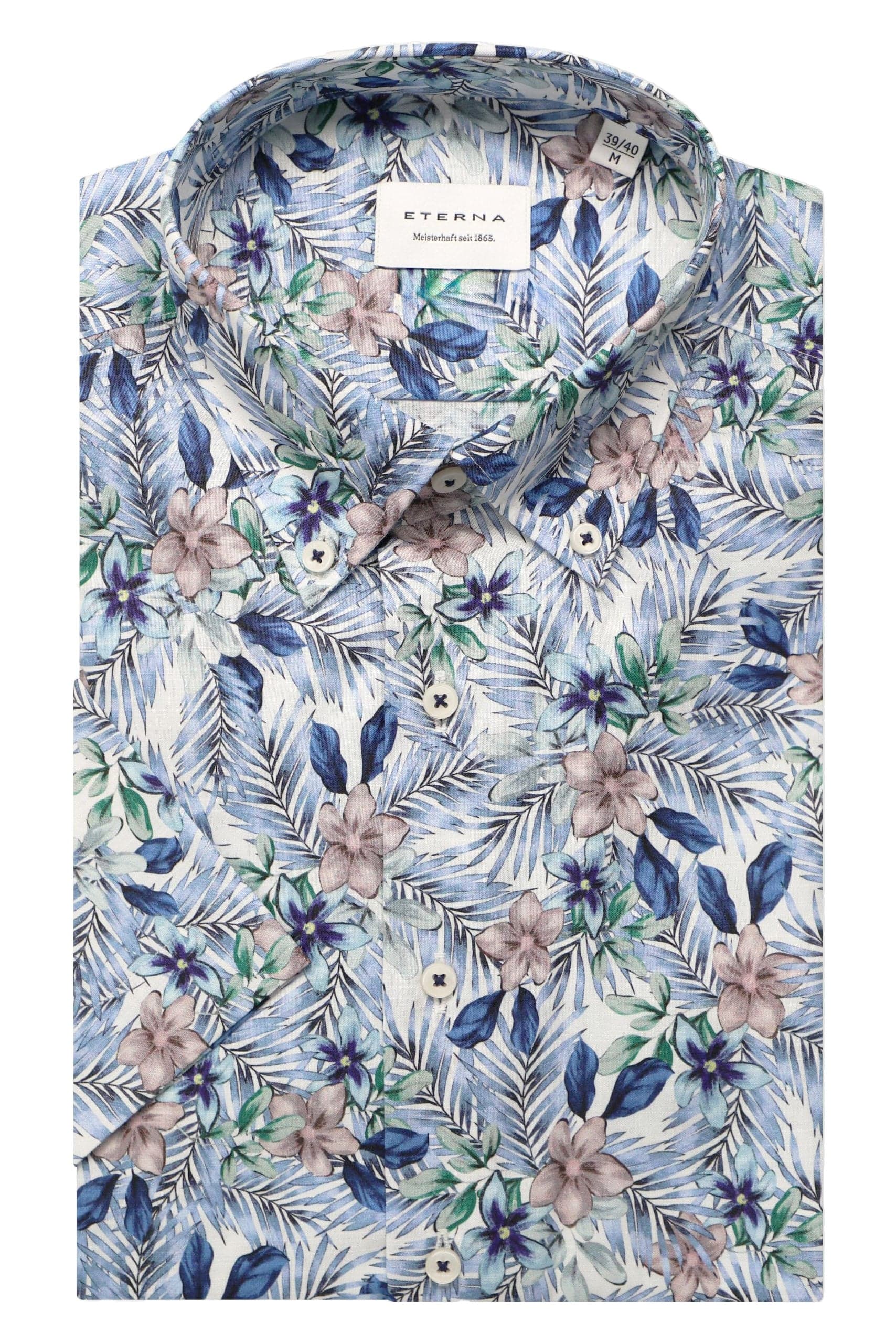 Eterna Modern Fit Floral Leaf Short Sleeve Shirt - Blue/Green