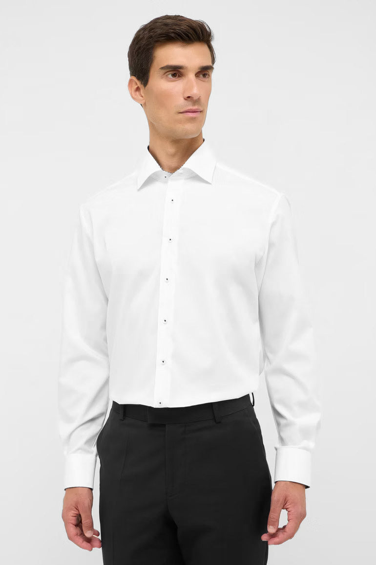 Eterna Modern Fit Plain Shirt with Navy Trim - White